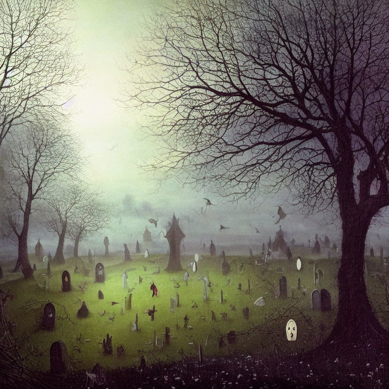 Illustration of foggy graveyard with tombstones, trees, and birds