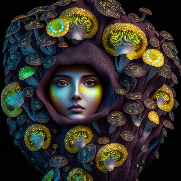 Surreal portrait of woman with glowing, patterned mushrooms against dark backdrop