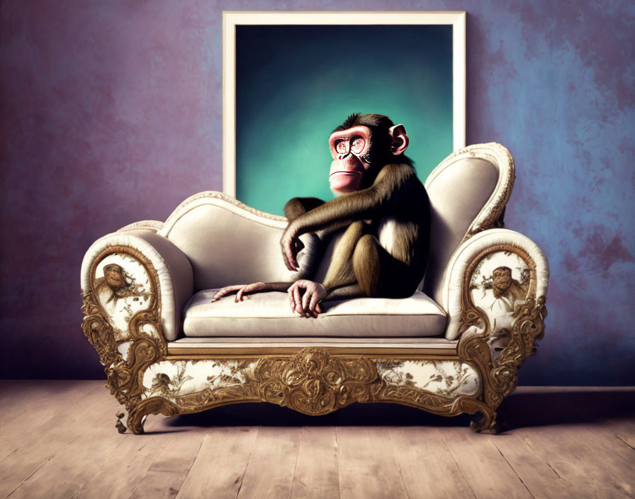 Surreal baboon sitting on white sofa with portrait on purple wall