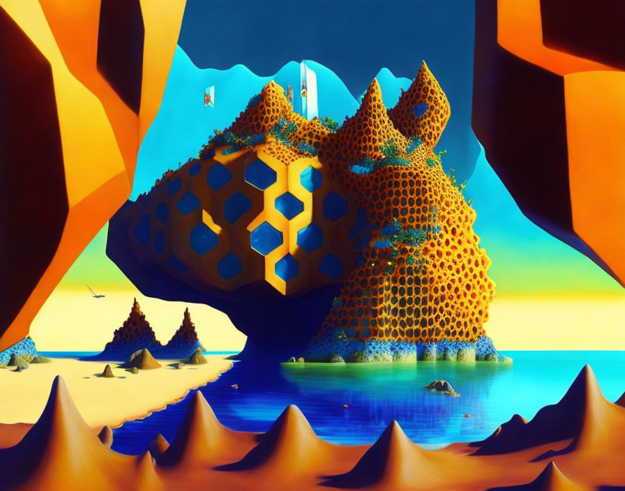 Surreal landscape with honeycomb structures, sand dunes, blue water, and floating elements