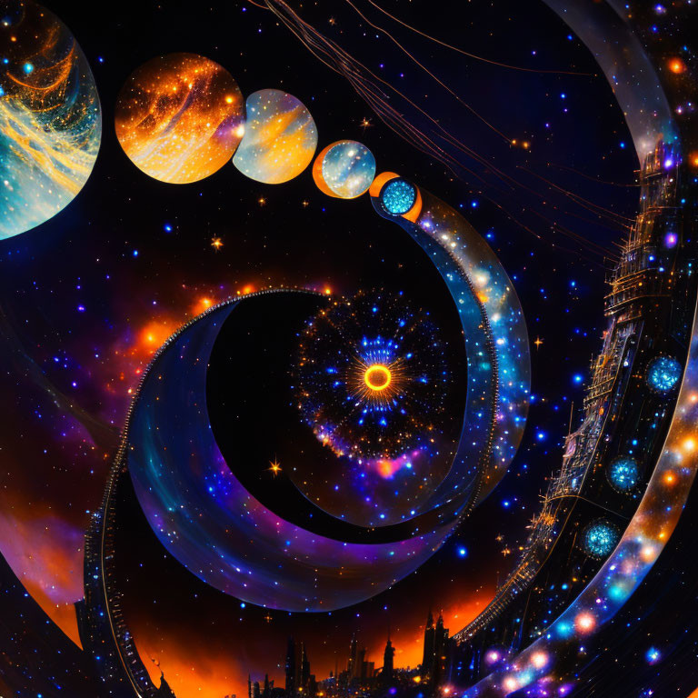 Colorful digital artwork: surreal cosmic scene with spiral planets, starry sky, futuristic architecture.