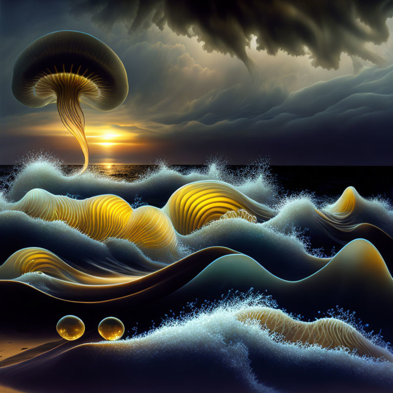 Surreal landscape with glowing jellyfish-like structures above undulating hills