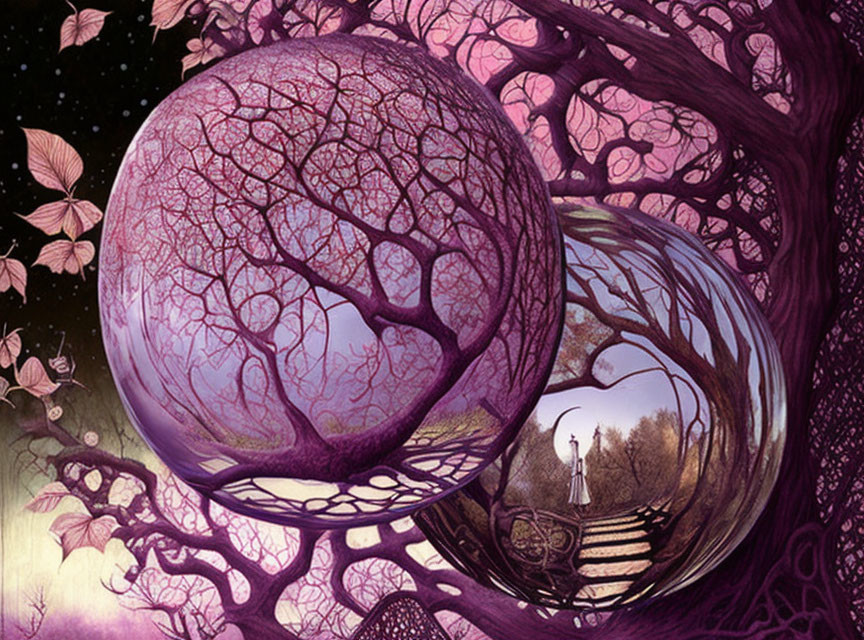 Surreal illustration of intricate tree designs in a purple landscape