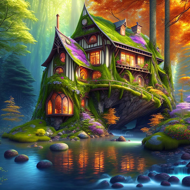 Whimsical treehouse in lush forest near serene stream