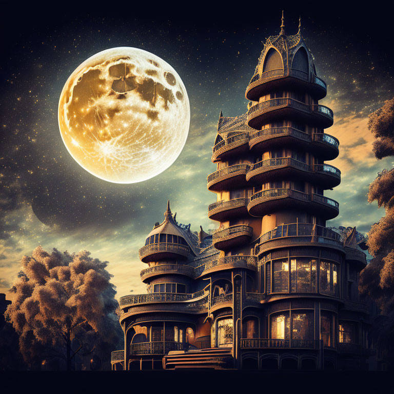 Traditional multi-tiered building under a starlit night sky with large illuminated full moon.