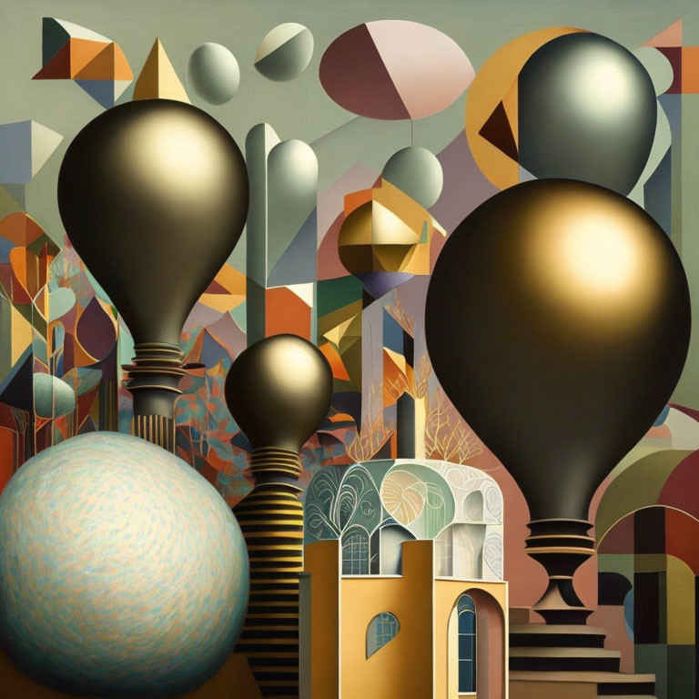 Abstract surreal painting: oversized lightbulbs, pastel tones, geometric landscape