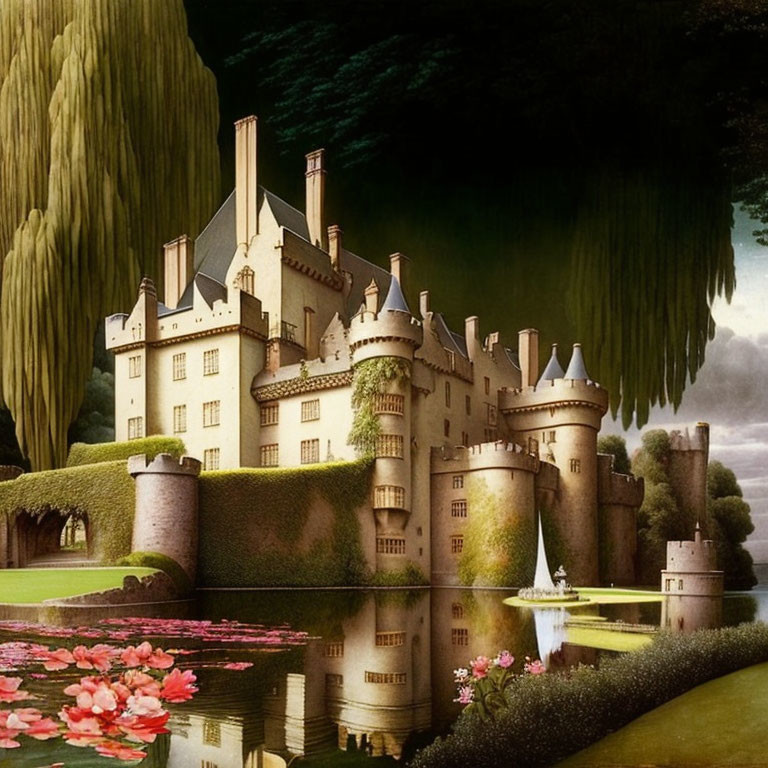 Fantasy castle with turrets and pink water lilies in serene pond