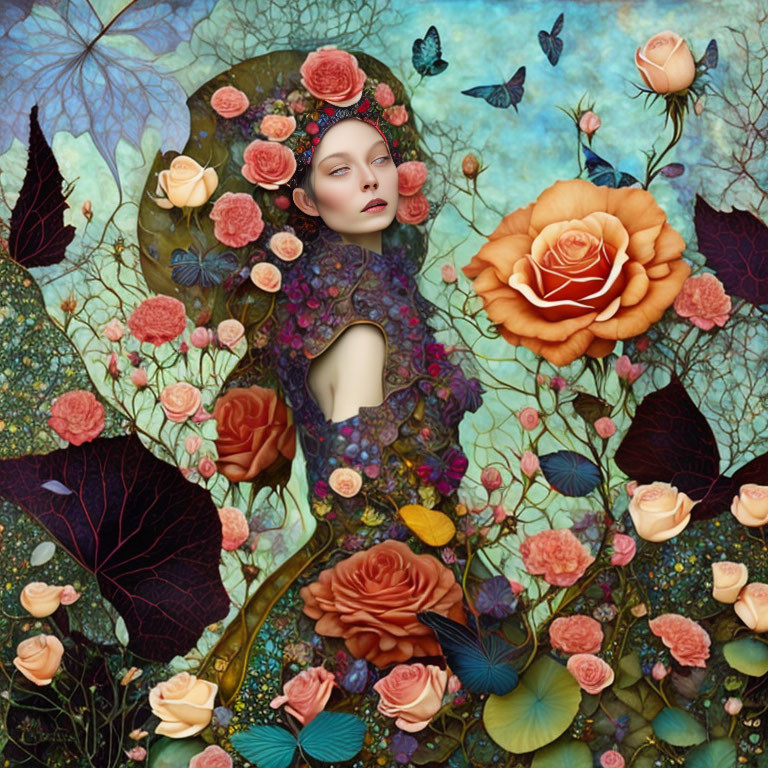 Surreal portrait of woman with flowers, butterflies, and oversized rose