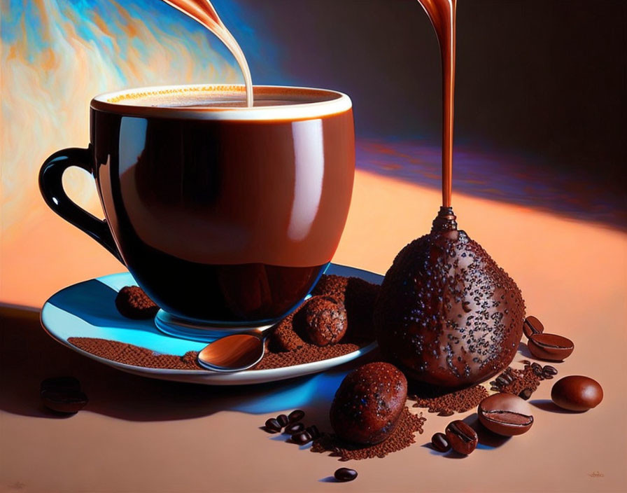 Realistic painting of coffee cup, saucer, pouring coffee, truffles, chocolate fruit, coffee