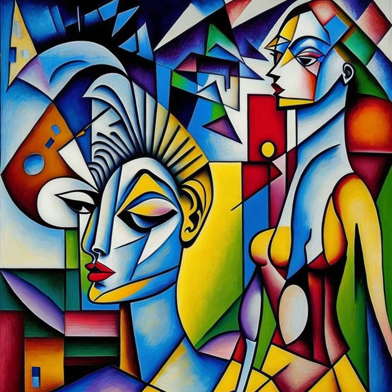 Colorful Cubist Painting of Fragmented Human Figure & Urban Landscape