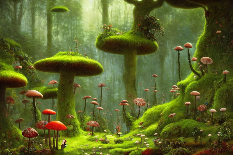 Mystical forest with oversized mushroom trees and mystical creatures