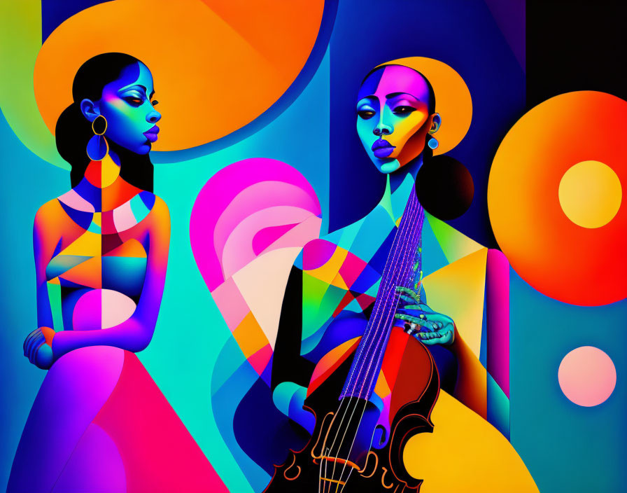 Vibrant women with colorful skin tones and violin against abstract background