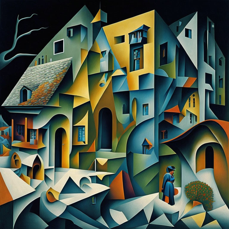 Cubist surreal painting with distorted architecture, geometric shapes, figure in blue cloak, and red tree