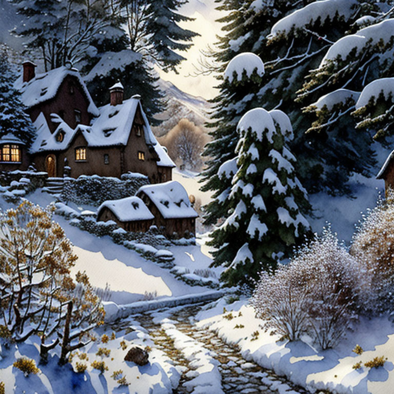 Snow-covered houses, pine trees, stone path, and tranquil river in twilight landscape