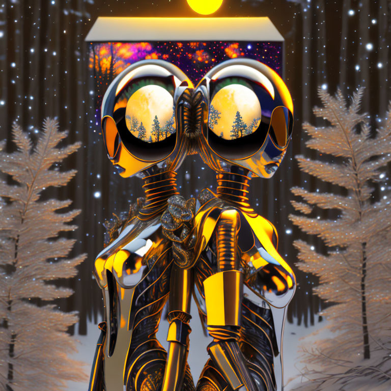 Robotic figure with glowing head in snowy forest at night