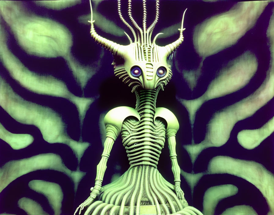 Mysterious figure with tendrils and ribbed body on green backdrop