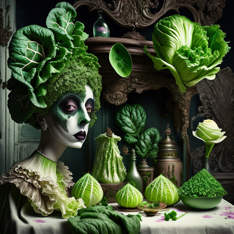 Stylized portrait of a person in vegetable-themed makeup and costume