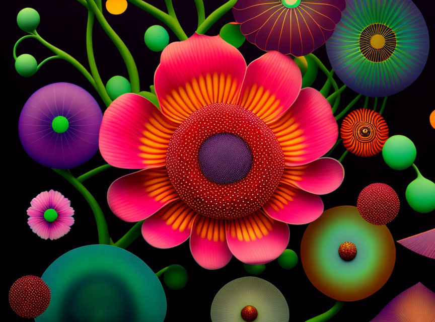 Colorful Stylized Flowers with Spherical Elements on Dark Background