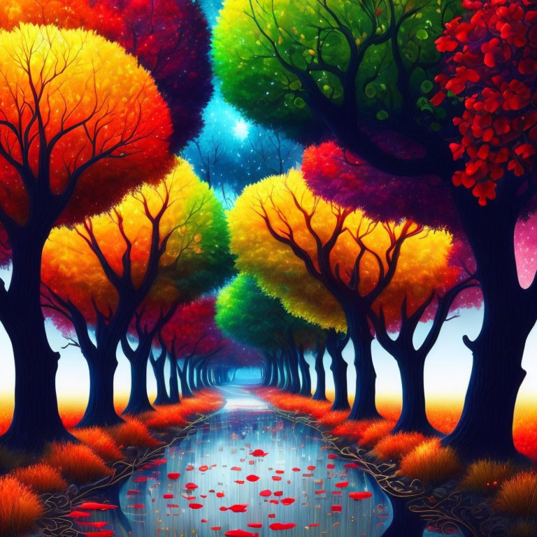 Colorful Forest Path with Vibrant Trees