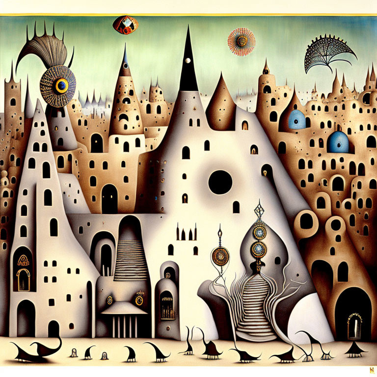 Whimsical surreal landscape with conical buildings and floating orbs