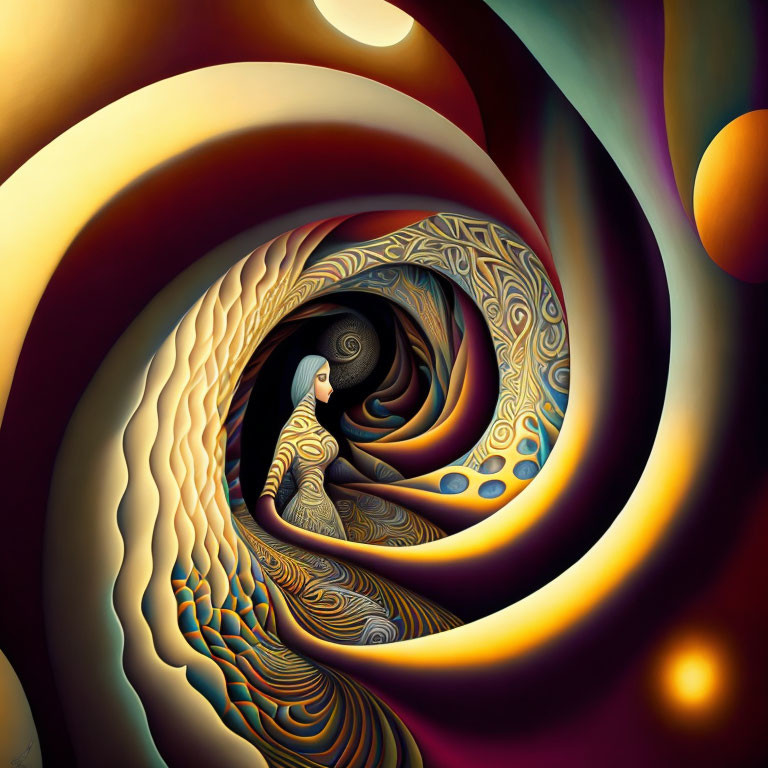 Person immersed in surreal swirling vortex of warm hues and intricate patterns