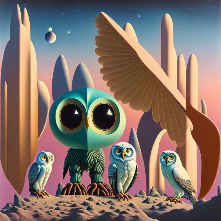 Surreal owl illustration with exaggerated eyes in whimsical landscape