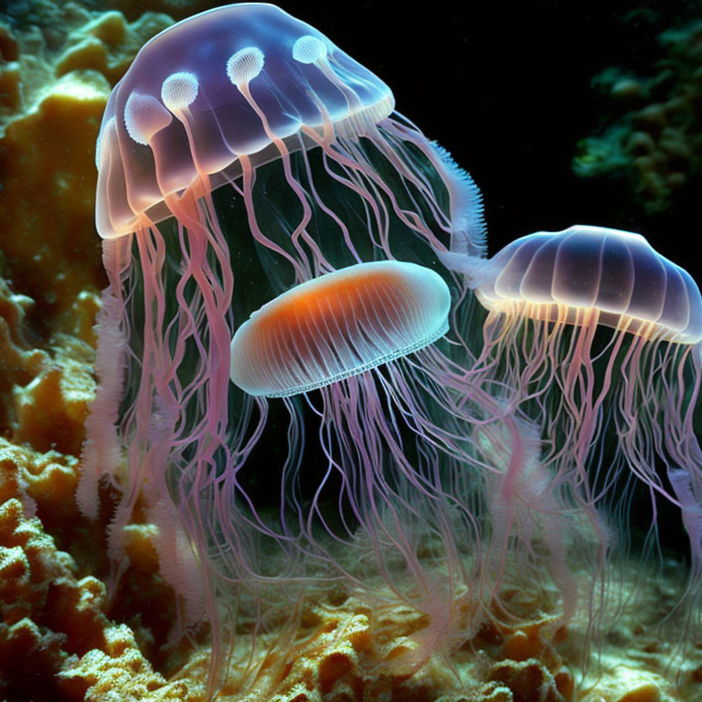 Bioluminescent jellyfish and long tentacles in coral reef scene