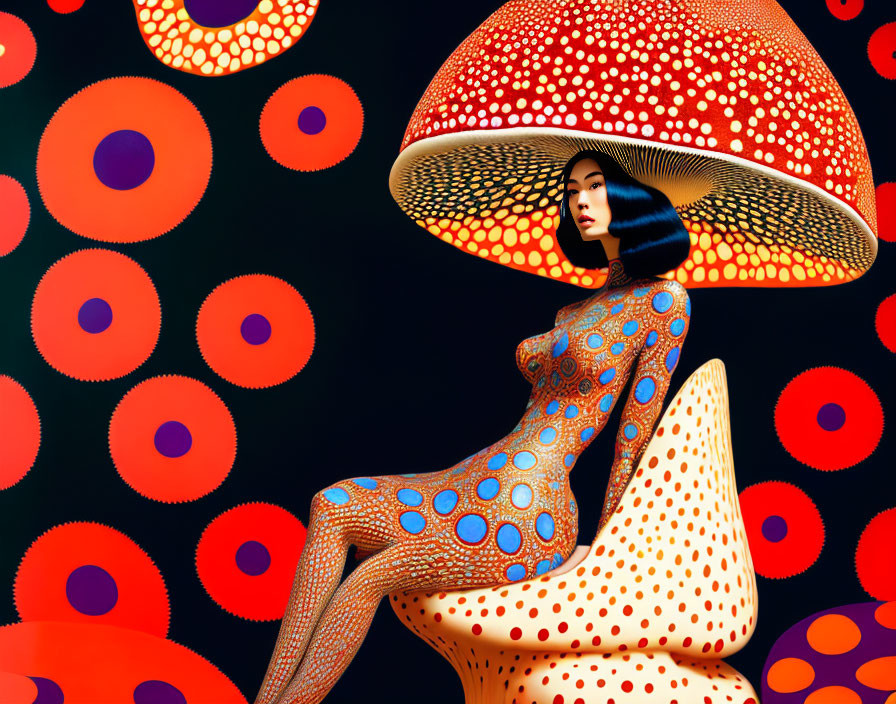 Polka-dotted body suit and mushroom cap in vibrant patterns