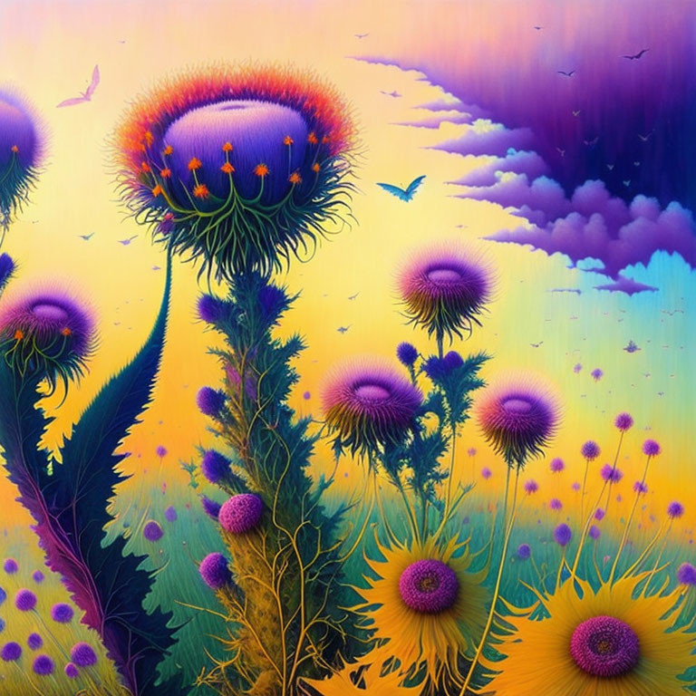 Surreal landscape with vibrant flora, birds, and dream-like sky