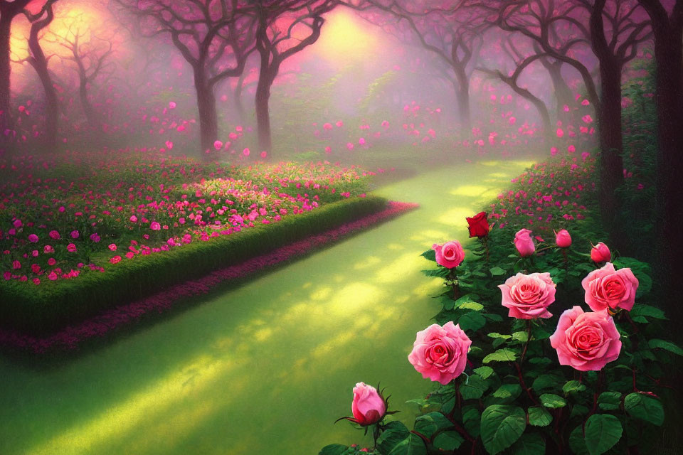 Lush garden with pink roses, winding path, and ethereal sunlight