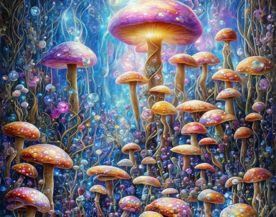 Colorful fantasy illustration: Glowing mushrooms in mystical forest