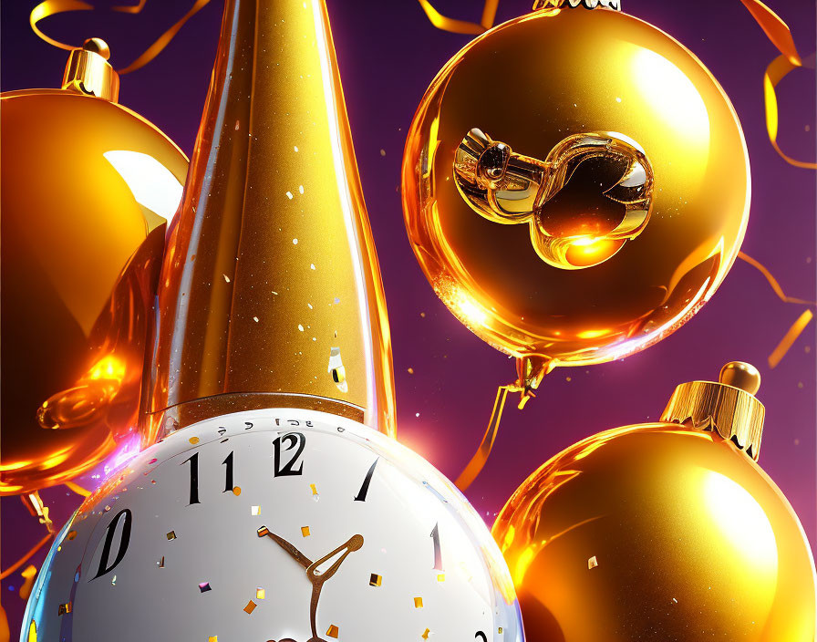 Golden champagne bottles, shiny baubles, clock near midnight in festive New Year's Eve scene