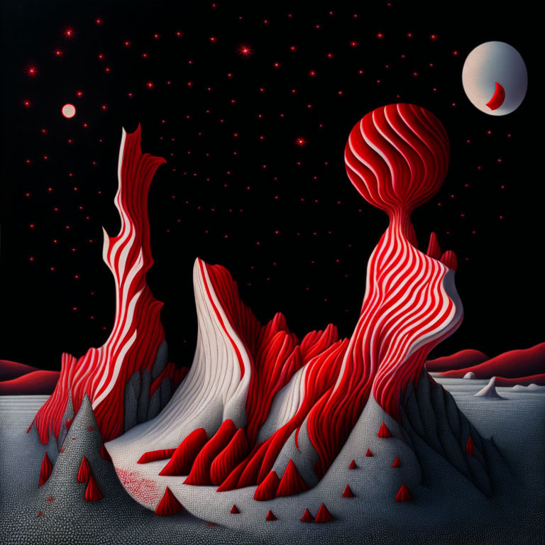 Surreal red and white striped landscape under starry sky with crescent moon