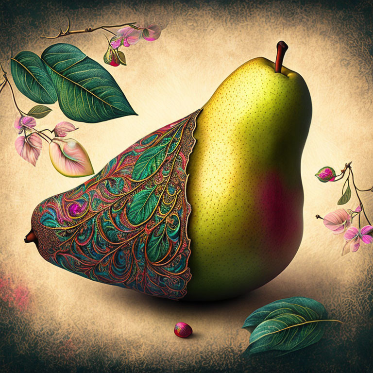 Detailed surreal illustration: pear with paisley pattern, branch with leaves, flowers on textured background