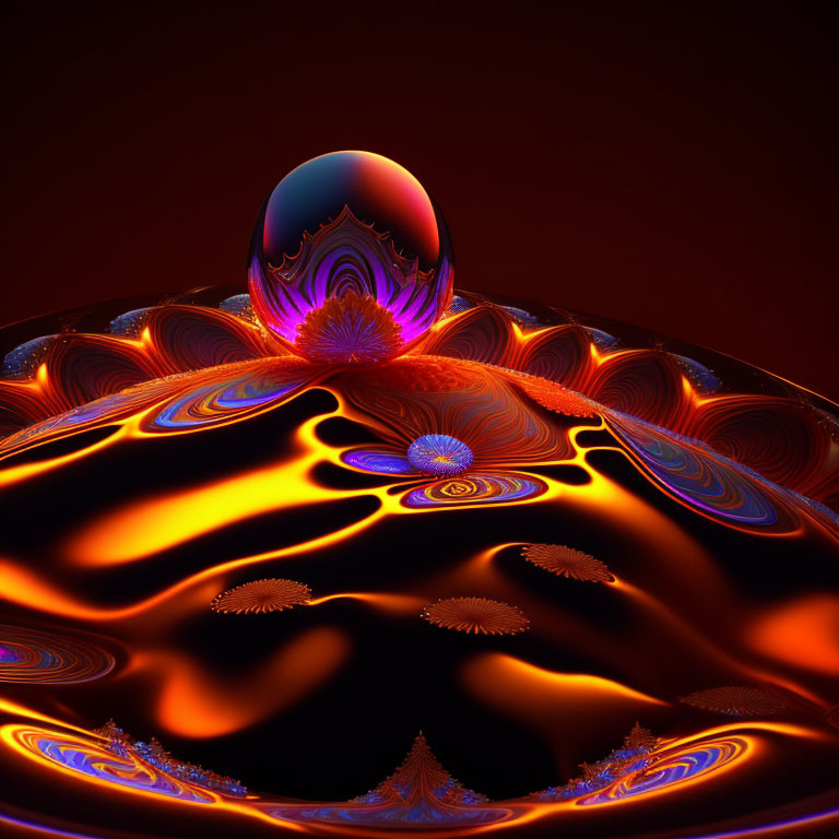 Vibrant digital artwork: glossy sphere on fiery fractal landscape