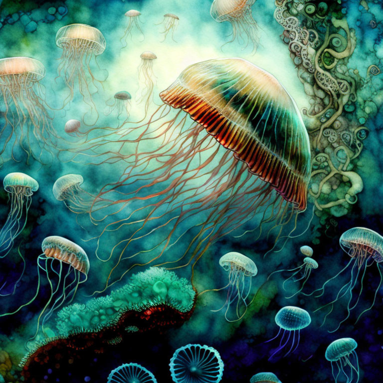 Colorful Jellyfish and Coral in Underwater Scene