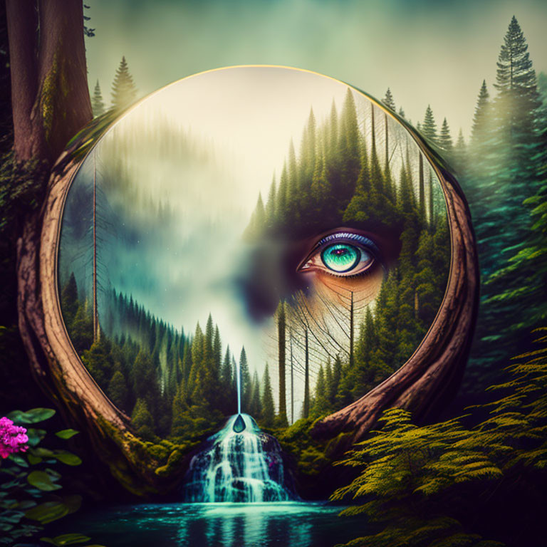 Surreal landscape with eye in ring frame, misty forest, waterfall, and river in vibrant