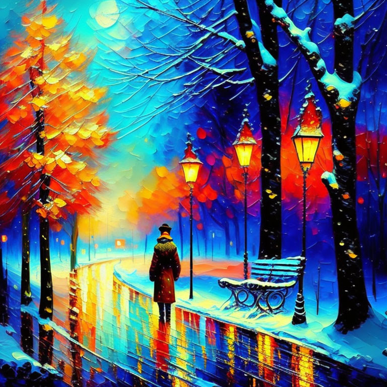 Snowy Path Painting with Glowing Street Lamps and Trees