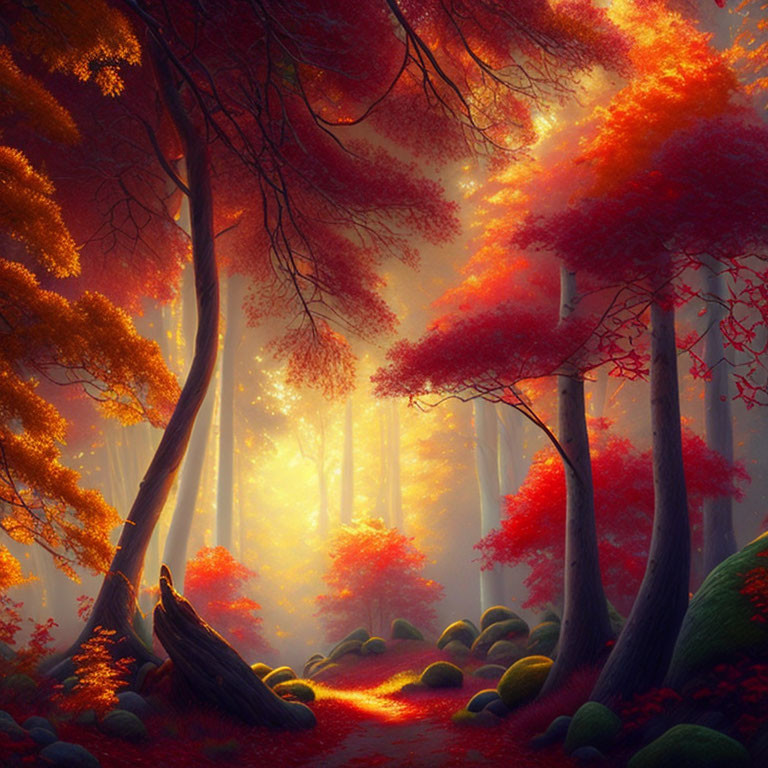 Mystical forest with tall trees, red-orange leaves, sunlight, and green moss.