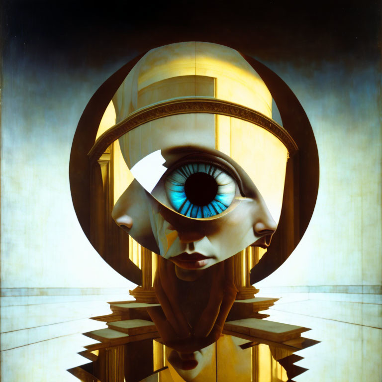 Fragmented face with giant eye in surreal artwork.