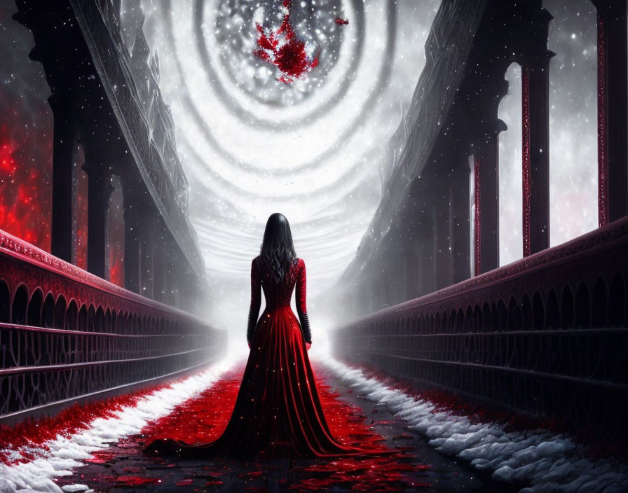 Woman in Red Dress in Grand Hallway with Swirling Vortex