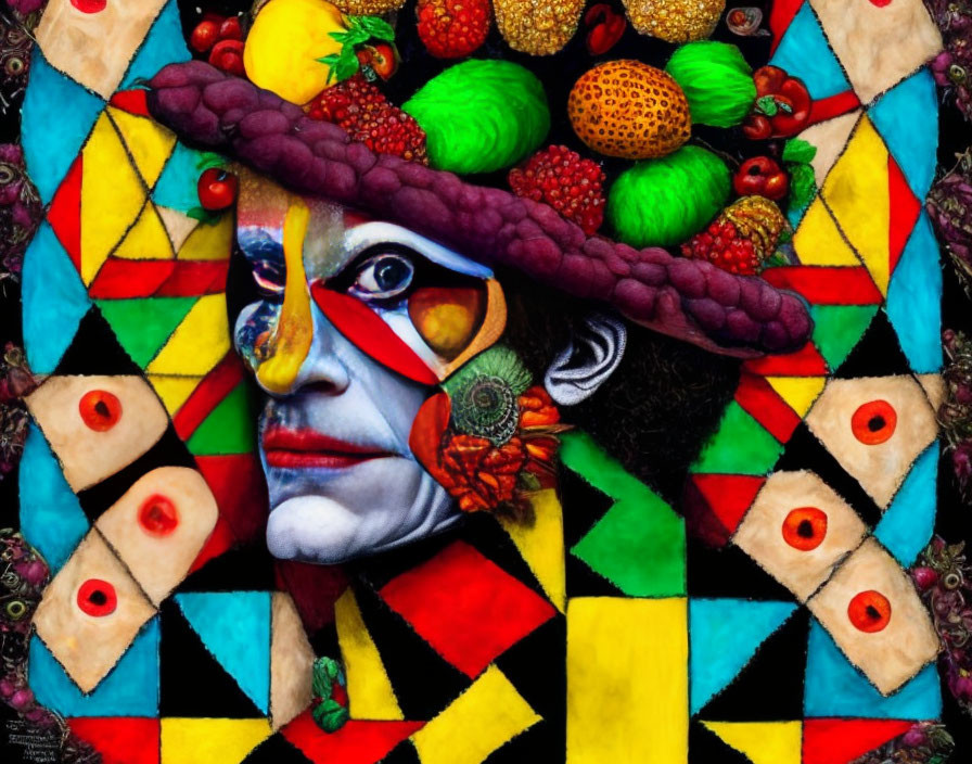 Colorful portrait with patchwork face paint and fruit headdress on geometric background