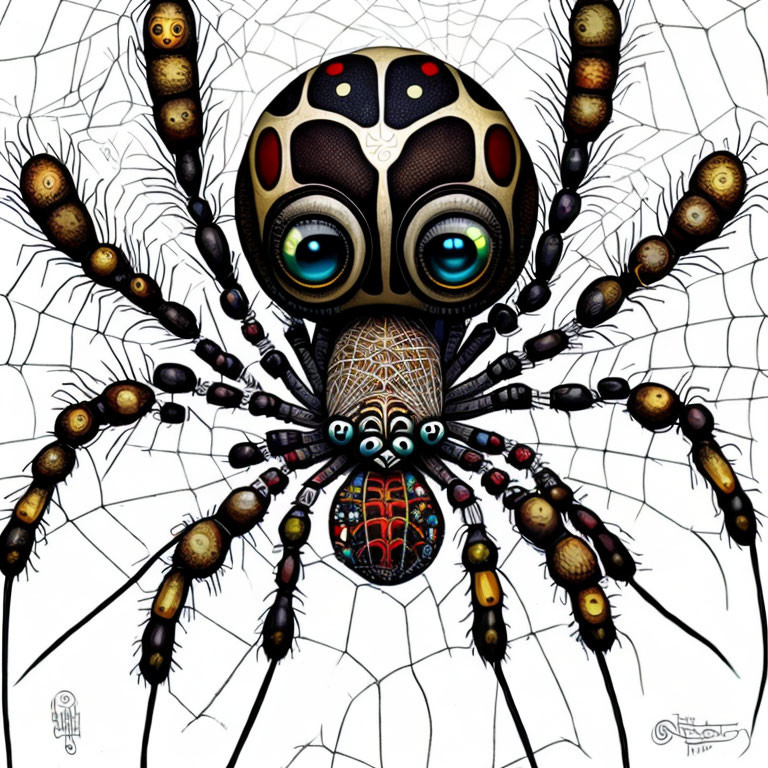 Vibrant surreal spider illustration with intricate patterned body and multiple eyes