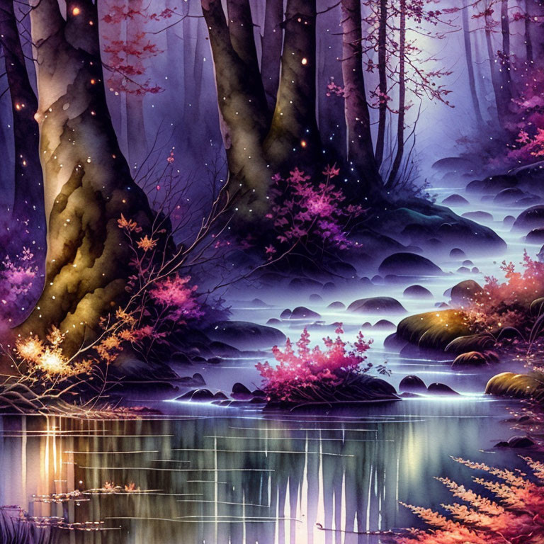 Serene Twilight Forest with Glowing Purple Flora