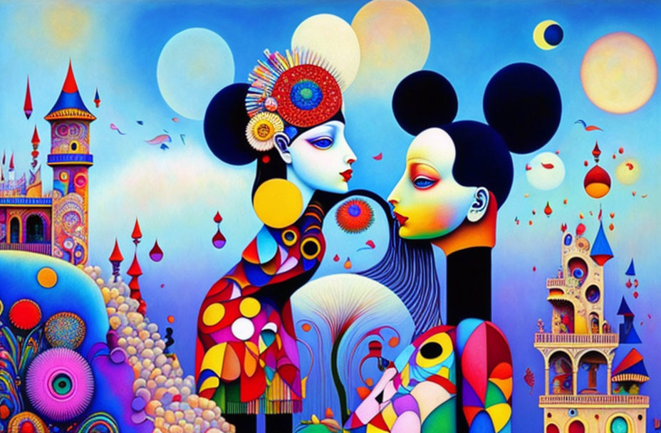 Colorful Artwork: Stylized Figures with Elaborate Decorations