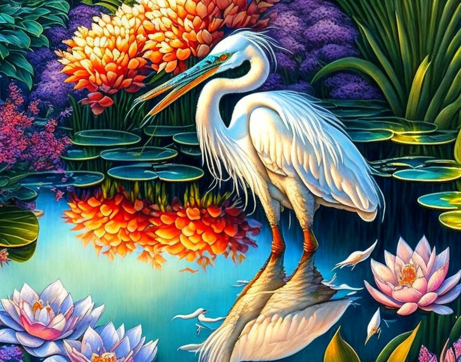 White heron surrounded by blooming water lilies and lush vegetation on blue water background