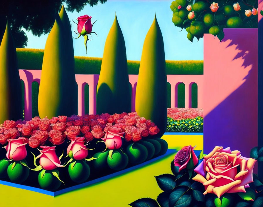 Colorful Surrealist Garden with Geometric Hedges & Fruit Trees