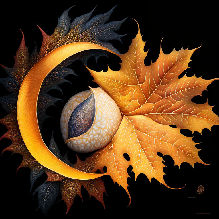 Stylized crescent moon with patterned sphere and autumn leaves on black background