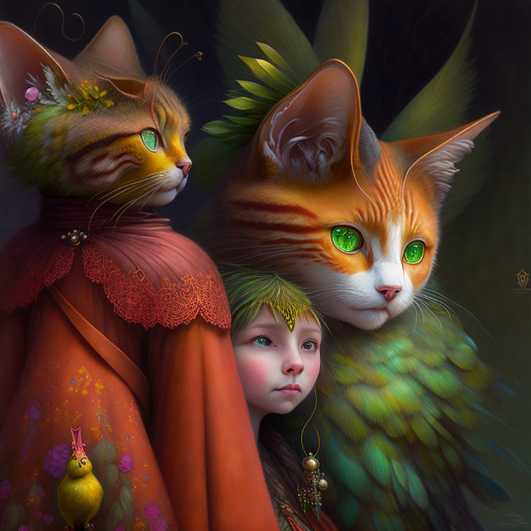 Regal portrait of winged cats, child in vibrant attire