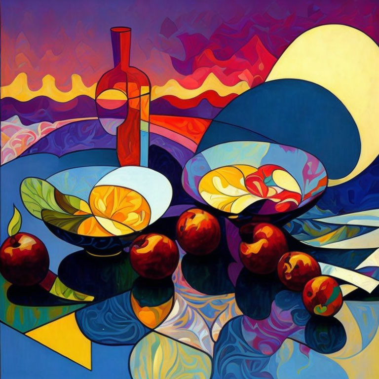 Vibrant still life painting: fruits, wine bottle, bowl, abstract elements, sunset landscape